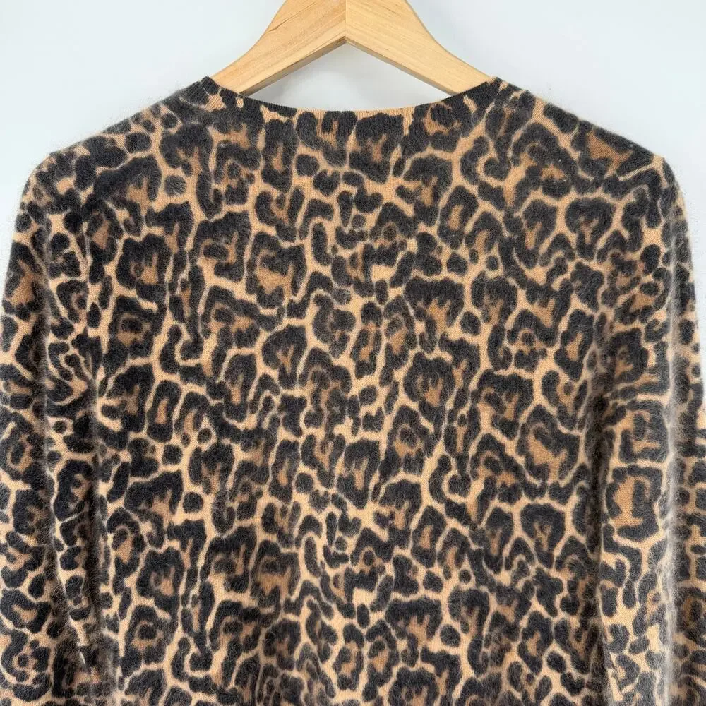 J. Crew 100% Cashmere Shrunken Brushed Crewneck Sweater Leopard Print Fuzzy